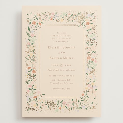 This is a ivory wedding invitations with foil pressed by Jennifer Wick called esther's garden printing on signature in grand