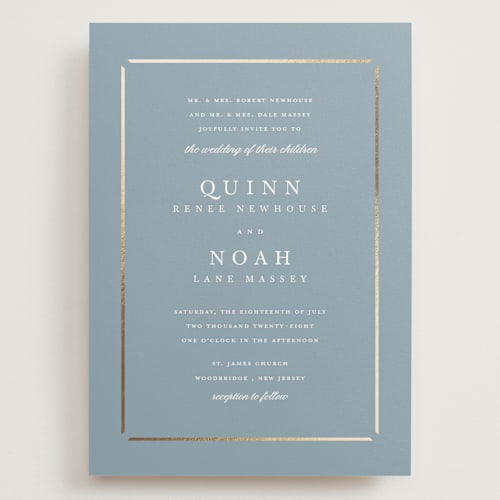 This is a dusty blue wedding invitations with foil pressed by Stacey Meacham called elegant bevel printing on signature in grand