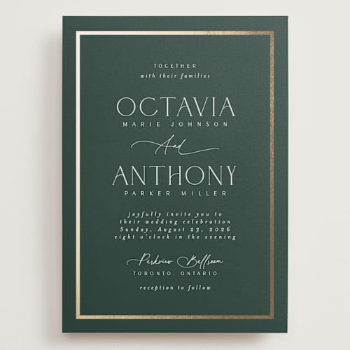 This is a evergreen wedding invitations with foil pressed by Nicole Walsh called regal printing on signature in grand