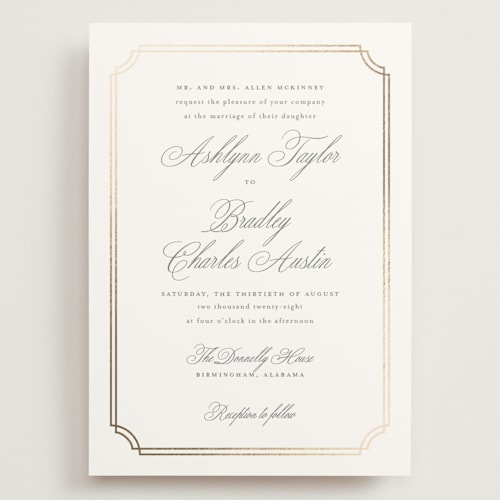 This is a mist wedding invitations with foil pressed by Sarah Brown called formally printing on signature in grand