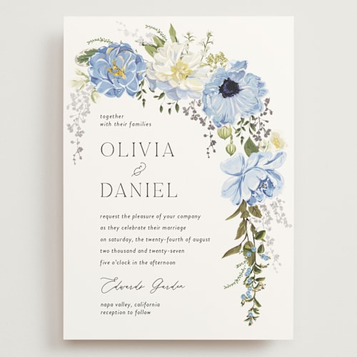 This is a azure wedding invitations with foil pressed by Susan Moyal called timeless blooms printing on signature in grand