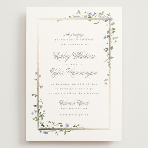 This is a bluebell wedding invitations with foil pressed by Everett Paper Goods called flowering vine printing on signature in grand