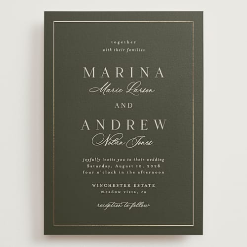 This is a deep olive wedding invitations with foil pressed by Nicole Walsh called refined printing on signature in grand