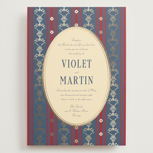 This is a navy wedding invitations with foil pressed by Baumbirdy called woven printing on signature in grand