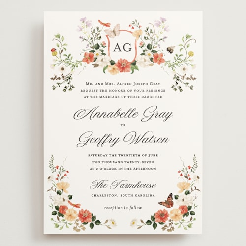 This is a verona sunset wedding invitations with foil pressed by Sarah Knight called fleur printing on signature in grand