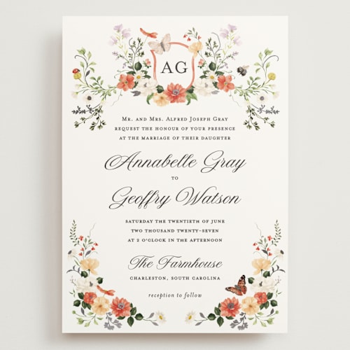 This is a verona sunset wedding invitations with foil pressed by Sarah Knight called fleur printing on signature in grand