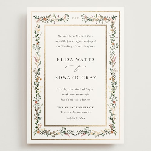 This is a blush wedding invitations with foil pressed by Susan Moyal called blooming vine printing on signature in grand