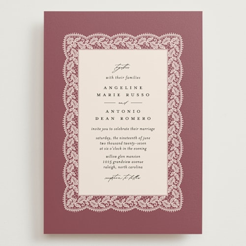This is a mauve wedding invitations with standard by Erica Krystek called chantilly printing on signature in grand