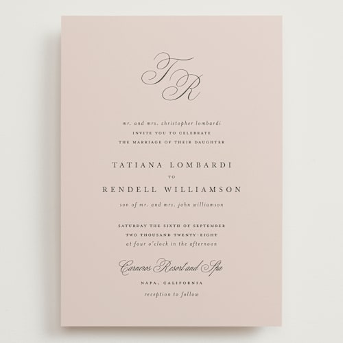 This is a dusty rose wedding invitations with standard by Kelly Schmidt called arch monogram printing on signature in grand