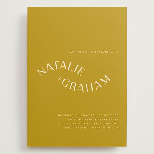 This is a marigold wedding invitations with standard by Stacey Day called swoop printing on signature in grand