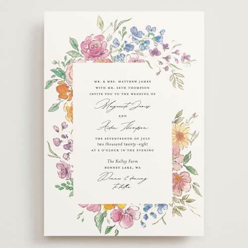 This is a tropical wedding invitations with standard by Itsy Belle Studio called floral pop printing on signature in grand