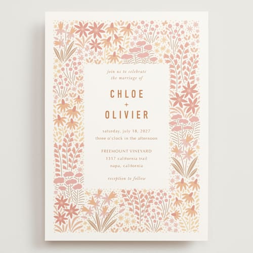 This is a peach wedding invitations with standard by Pippa Shaw called floral border printing on signature in grand