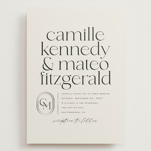 This is a latte wedding invitations with standard by Jackie Crawford called modern monogram printing on signature in grand