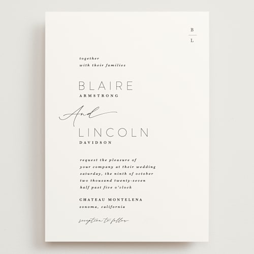 This is a tuxedo wedding invitations with standard by Kate Ahn called paire printing on signature in grand