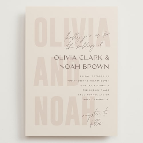 This is a blush wedding invitations with standard by Pixel and Hank called salted printing on signature in grand
