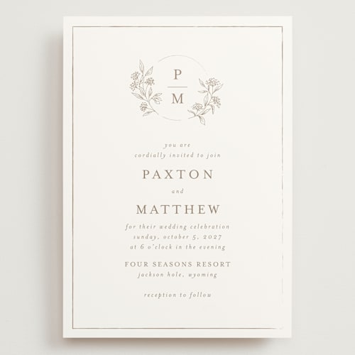 This is a taupe wedding invitations with standard by Chris Griffith called monogrammed printing on signature in grand