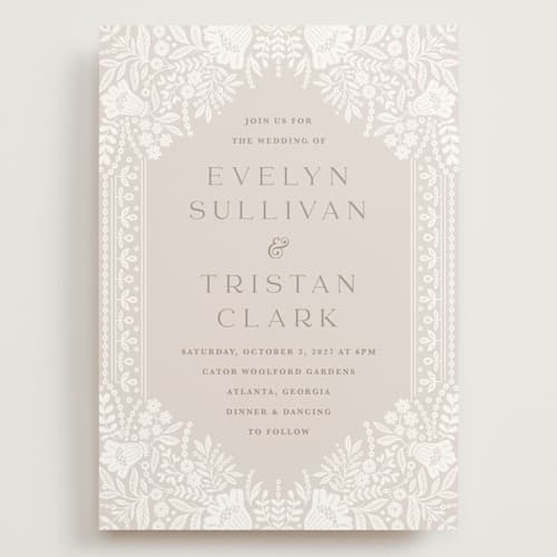 This is a cream wedding invitations with standard by Kristen Smith called lace trim printing on signature in grand