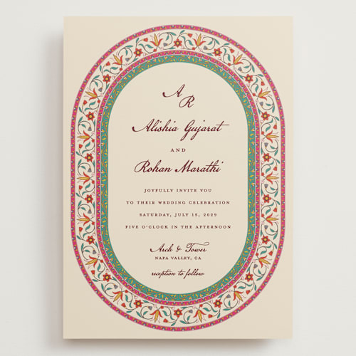 This is a ivory wedding invitations with standard by Sherley Ferreira called mughal gardens printing on signature in grand