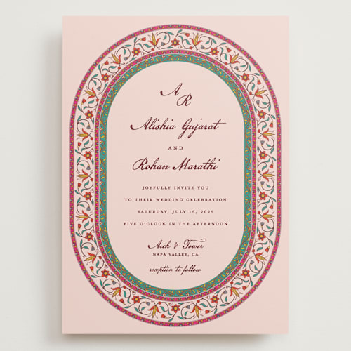 This is a blush wedding invitations with standard by Sherley Ferreira called mughal gardens printing on signature in grand