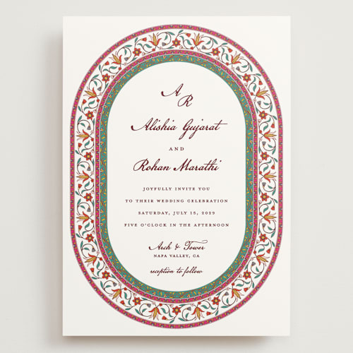 This is a porcelain wedding invitations with standard by Sherley Ferreira called mughal gardens printing on signature in grand