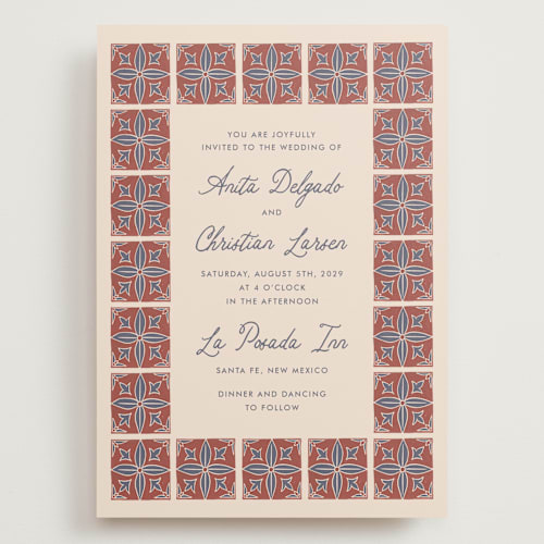 This is a terracotta wedding invitations with standard by Katharine Watson called block print tile printing on signature in grand