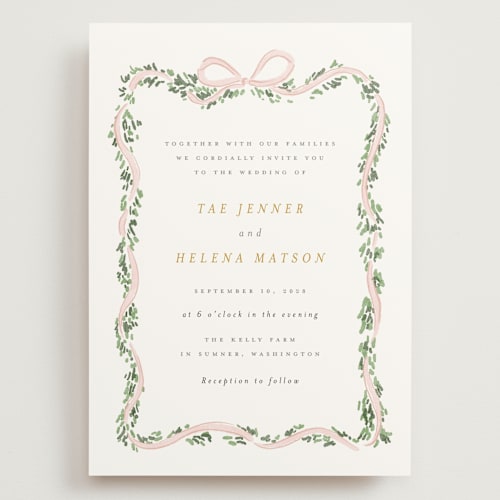 This is a blush wedding invitations with standard by Itsy Belle Studio called ribbonly frame printing on signature in grand