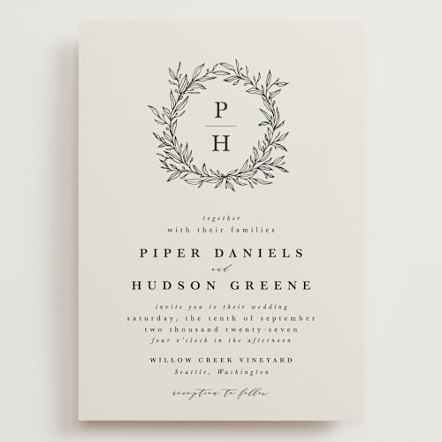 This is a cotton wedding invitations with standard by Kate Ahn called leafy wreath printing on signature in grand