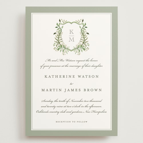 This is a sage wedding invitations with standard by Sarah Knight called greenery crest printing on signature in grand