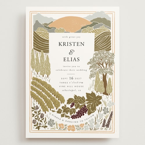 This is a sage wedding invitations with standard by Shiny Penny Studio called valley of the moon printing on signature in grand