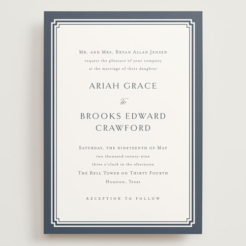 This is a french blue wedding invitations with standard by Jennifer Postorino called ariah printing on signature in grand
