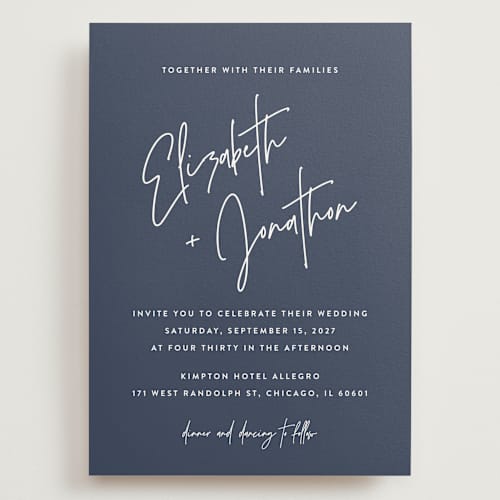 This is a navy wedding invitations with standard by JoAnn Jinks called marked printing on signature in grand