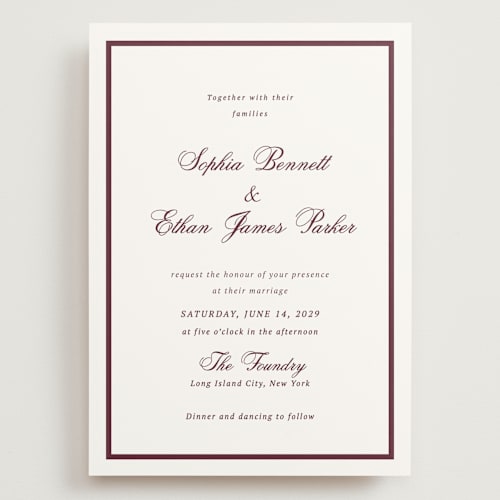 This is a dark merlot wedding invitations with standard by Cass Loh called chic union printing on signature in grand