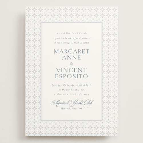 This is a dusty blue wedding invitations with standard by Jennifer Postorino called coastal charm printing on signature in grand