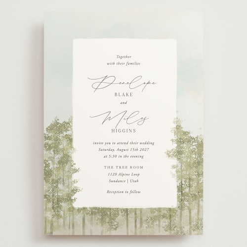 This is a lake wedding invitations with standard by Robert and Stella called aspen printing on signature in grand