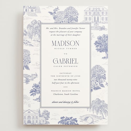 This is a periwinkle wedding invitations with standard by Jenna Holcomb called southern charm toile printing on signature in grand