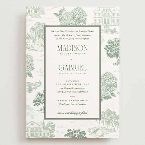 This is a ivy wedding invitations with standard by Jenna Holcomb called southern charm toile printing on signature in grand