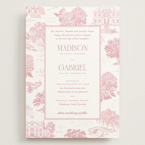 This is a peony wedding invitations with standard by Jenna Holcomb called southern charm toile printing on signature in grand