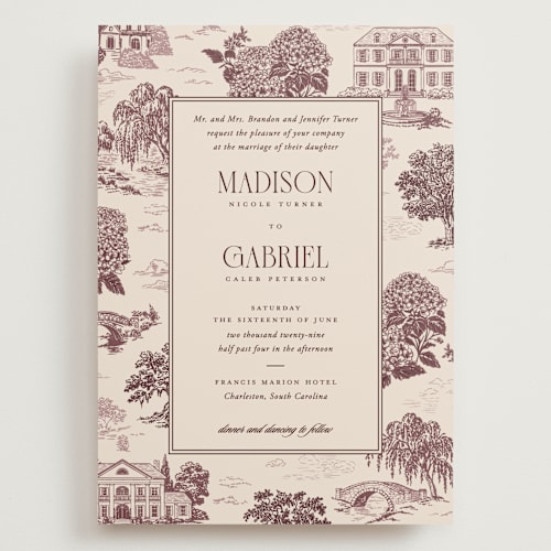This is a mulberry wedding invitations with standard by Jenna Holcomb called southern charm toile printing on signature in grand