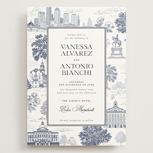 This is a marine wedding invitations with standard by Jenna Holcomb called boston toile printing on signature in grand