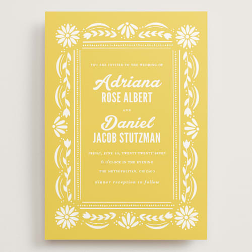 This is a sunshine wedding invitations with standard by Jessie Steury called pretty picado printing on signature in grand
