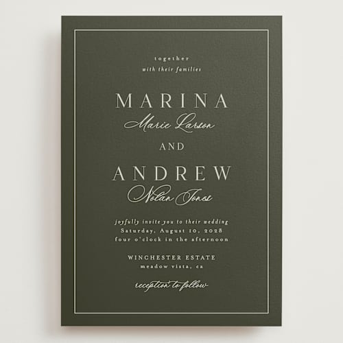 This is a deep olive wedding invitations with standard by Nicole Walsh called refined printing on signature in grand