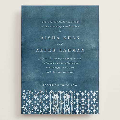 This is a indigo wedding invitations with standard by Nazia Hyder called kantha quilt printing on signature in grand