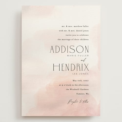 This is a blush wedding invitations with standard by Itsy Belle Studio called first light printing on signature in grand