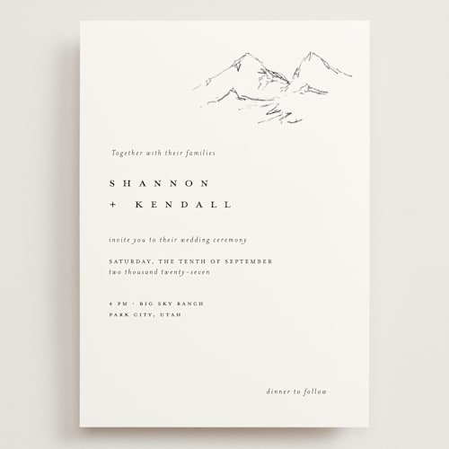 This is a snow wedding invitations with standard by Mere Paper called sketched mountains printing on signature in grand