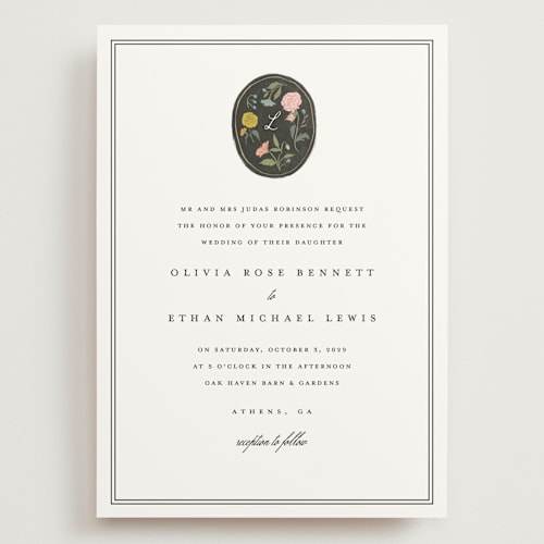 This is a swan wedding invitations with standard by Lori Wemple called botanical cameo printing on signature in grand