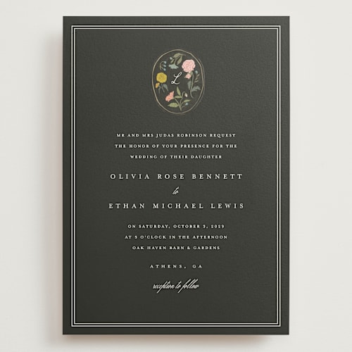 This is a ink wedding invitations with standard by Lori Wemple called botanical cameo printing on signature in grand