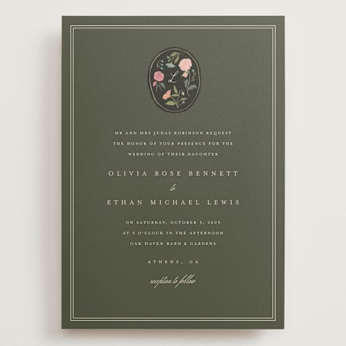 This is a moss wedding invitations with standard by Lori Wemple called botanical cameo printing on signature in grand