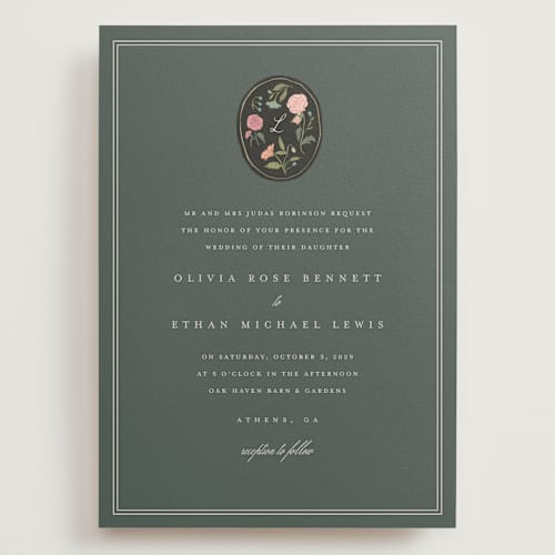 This is a winter night wedding invitations with standard by Lori Wemple called botanical cameo printing on signature in grand