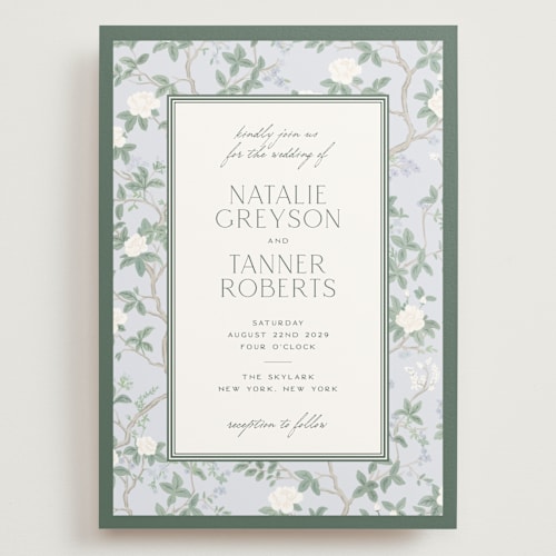 This is a garden wedding invitations with standard by Jenna Holcomb called chinoiserie printing on signature in grand
