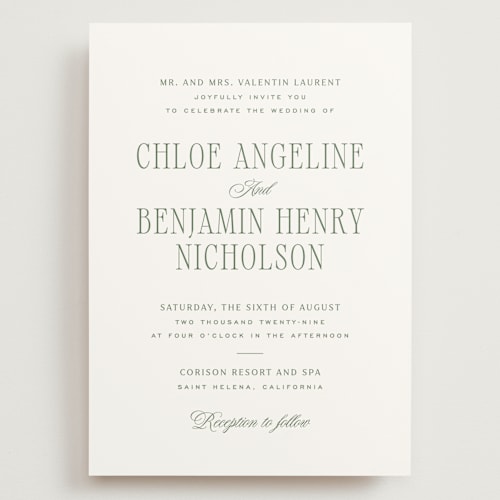 This is a moss wedding invitations with standard by Kelly Schmidt called woods printing on signature in grand